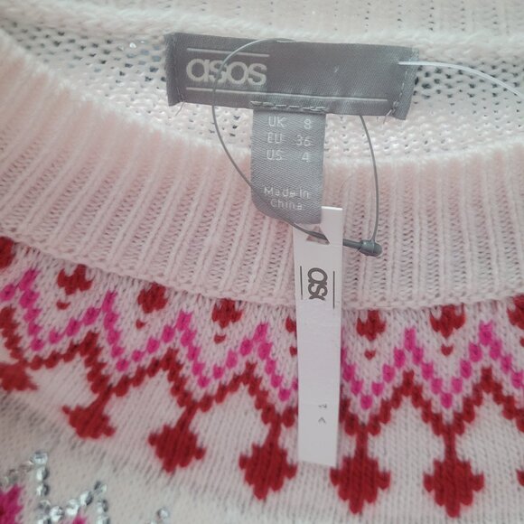 ASOS NWT Oversized Crew Neck Fair Isle Knit Sweater Dress Sz 4 Pink Red Sequin - Picture 5 of 5